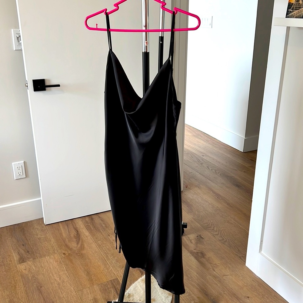 Never worn Black Silk Cowel Neck Rouged Dress. Medium Size